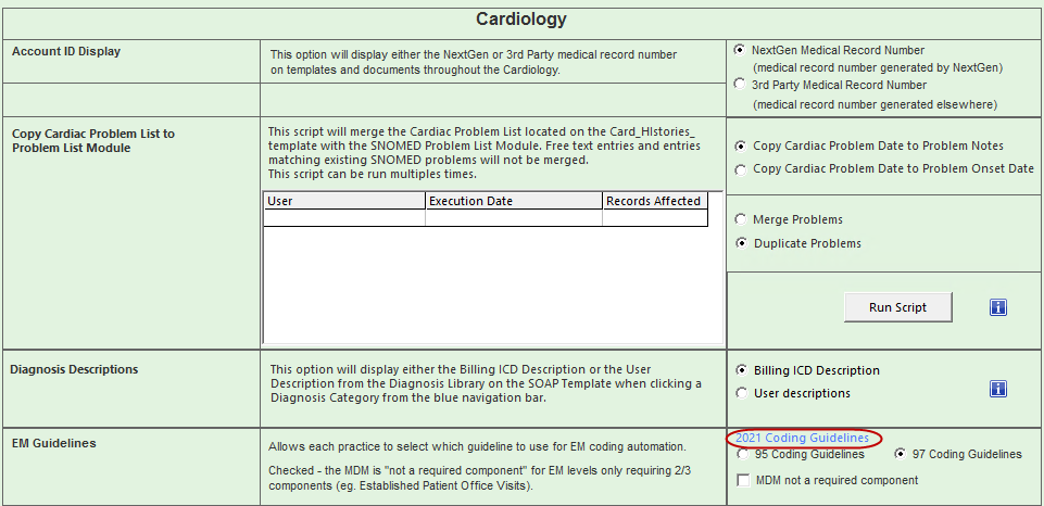 2021 Coding Guidelines link in Cardiology EM Guidelines section