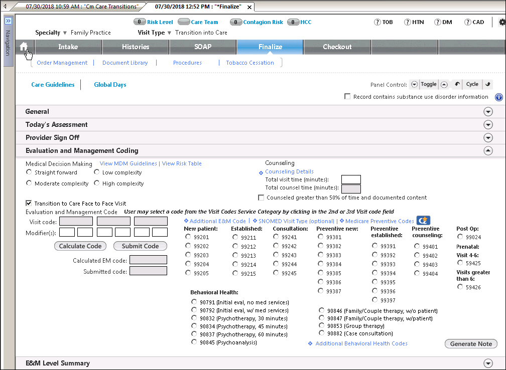Evaluation and Management Coding panel on the Finalize template