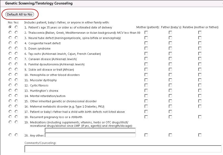 Genetic Screening/Teratology Counseling panel