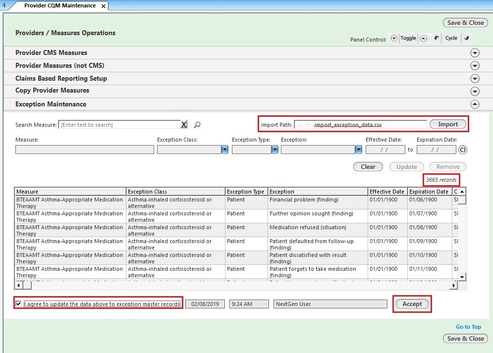Exception Maintenance panel