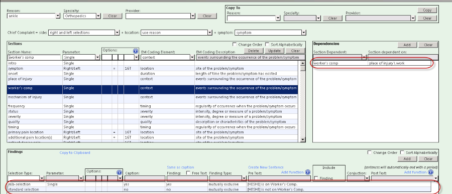 Section Dependencies and Findings grid