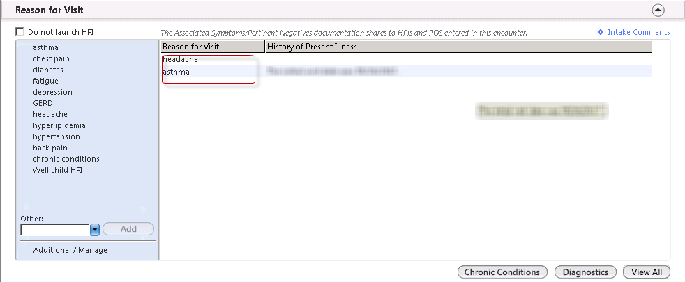 Complaints displayed in the Reason for Visit panel