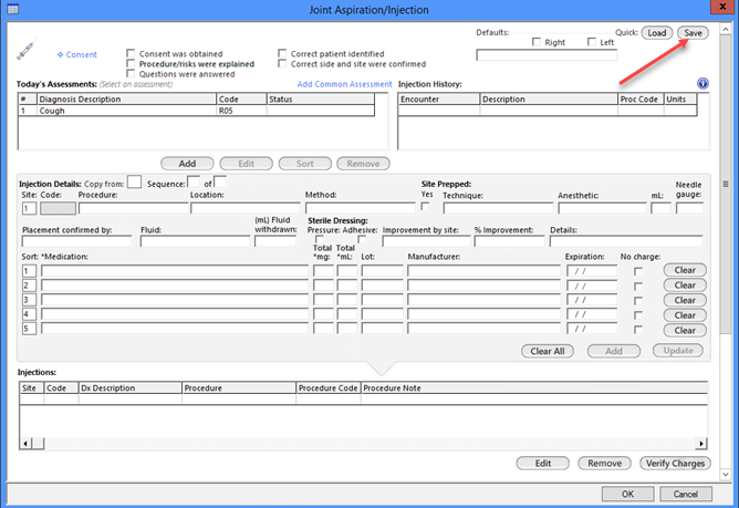 Quick Save and Load on the Joint Aspiration/Injection template