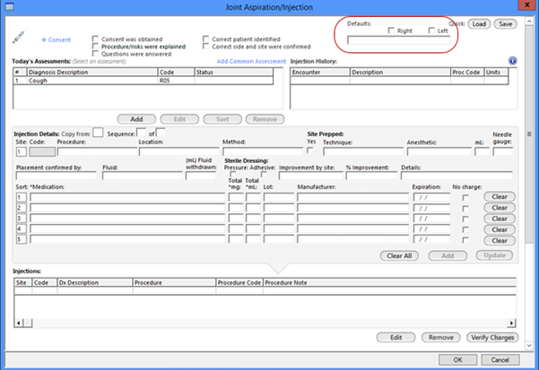 Defaults section on the Joint Aspiration/Injection template