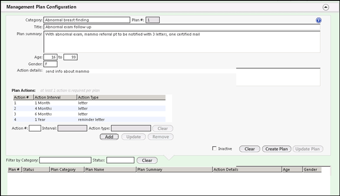 Management Plan Configuration panel in the Management Plans template