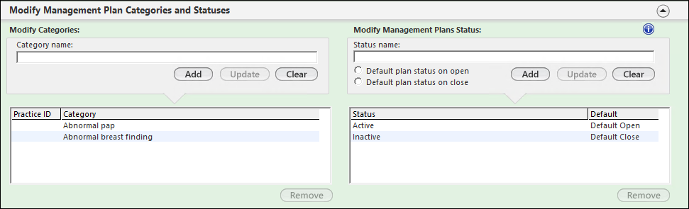 Modify Management Plan Categories and Statuses panel