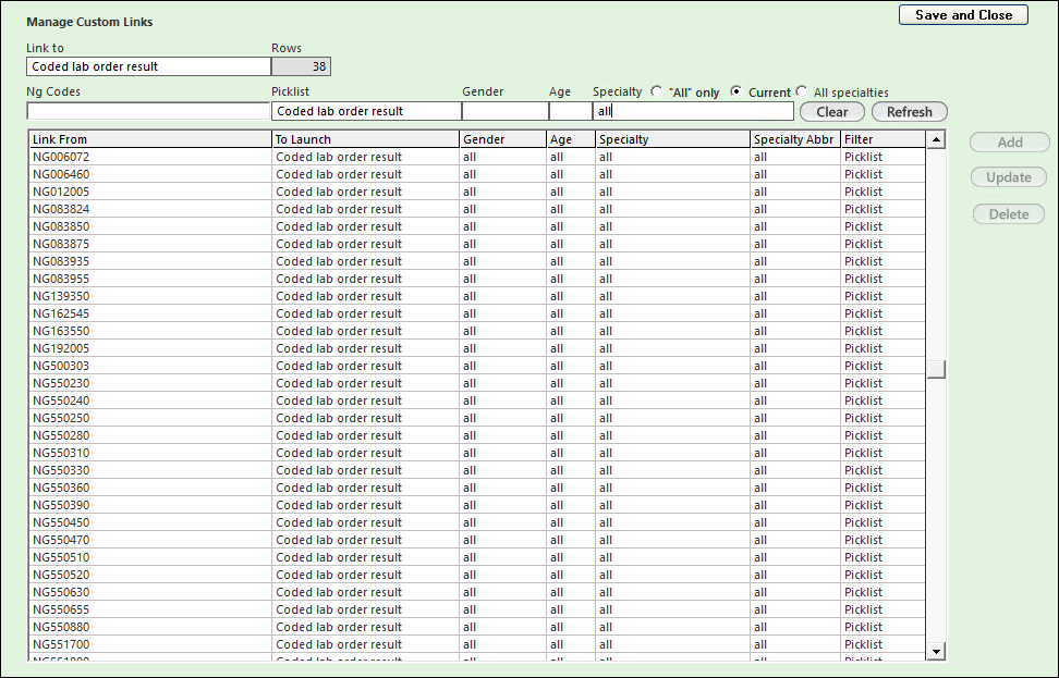 Manage Custom Links - Coded Lab Order Result