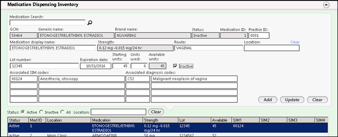Medication Dispensing Inventory panel