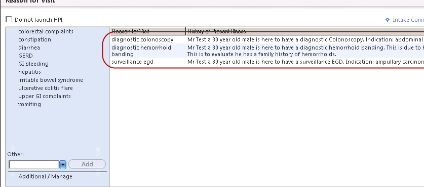 Reason for Visit panel on ASC-Physician Procedure template