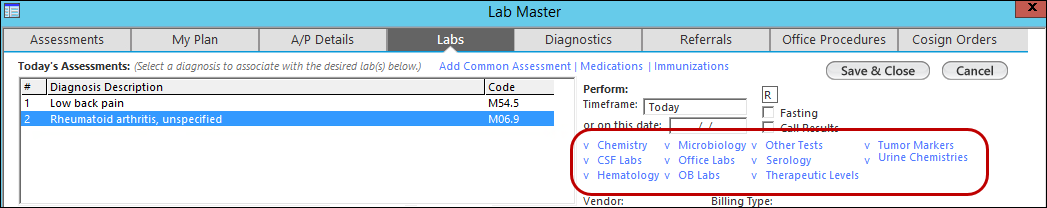 Lab Master template Perform section with lab test links