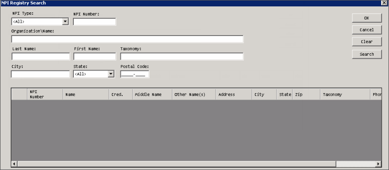 NPI Registry Search window