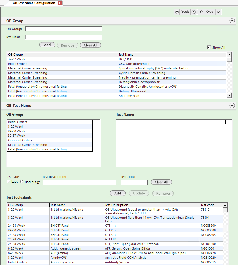 OB Test Name Configuration