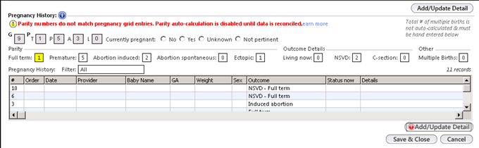 Alert message in Pregnancy History grid