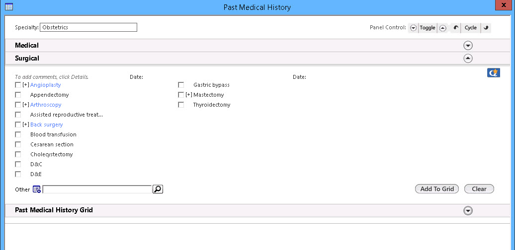Surgical panel on the Past Medical History template