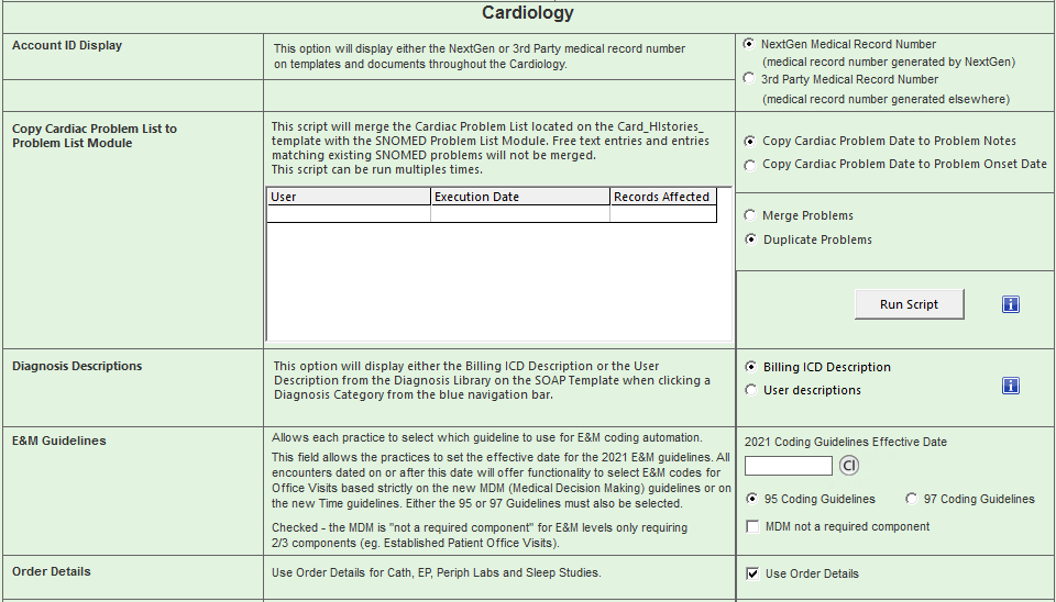Practice Configuration Template Cardiology section