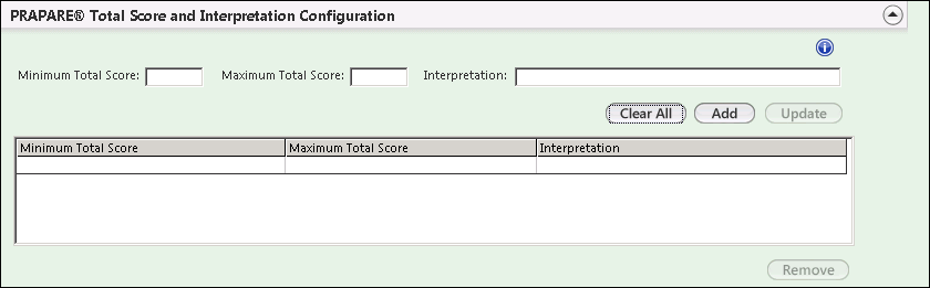 PRAPARE® Total Score and Interpretation Configuration panel