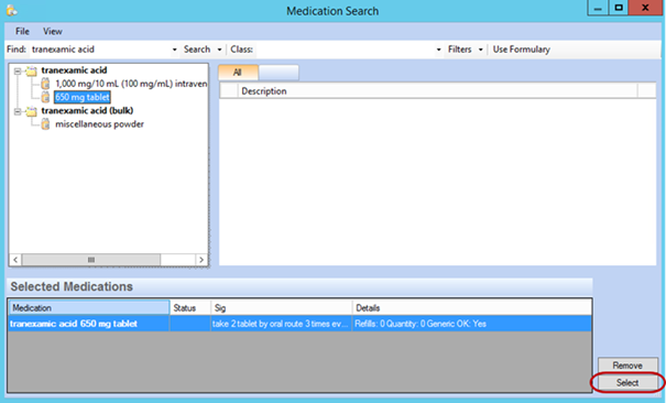 Medication Search window