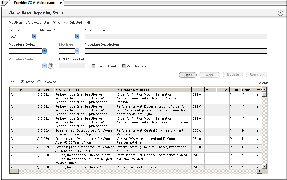 Claims Based Reporting Setup panel