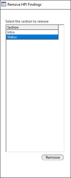Select the section to remove from Remove HPI Findings
