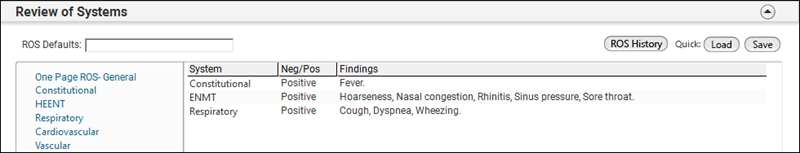 Symptoms on Review of Systems template
