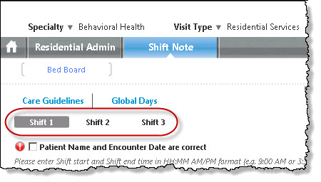 Shift Note tab in Residential Services Visit Type for Behavioral Health
