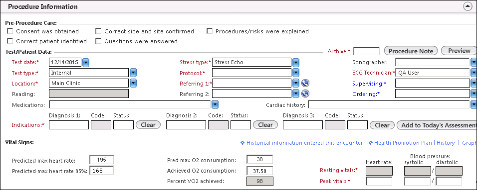 Procedure Information on Stress Test - Card template