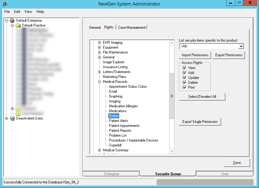 Orders Medical Records Access Rights in System Administrator