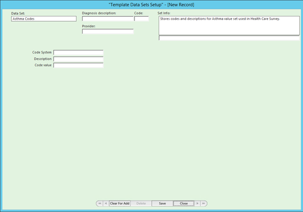 Template Data Set Setup template