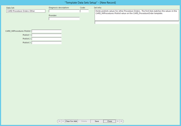 Template Data Sets Setup template