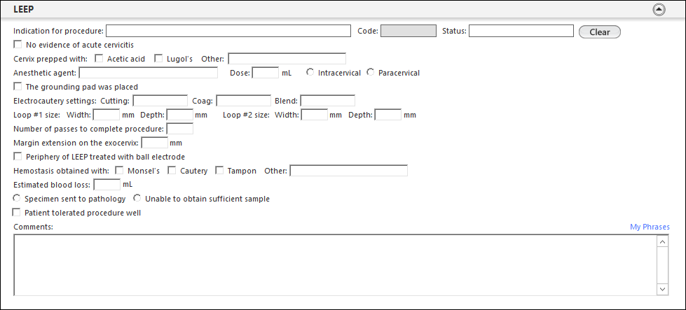 The LEEP panel of the Colposcopy - Procedure template