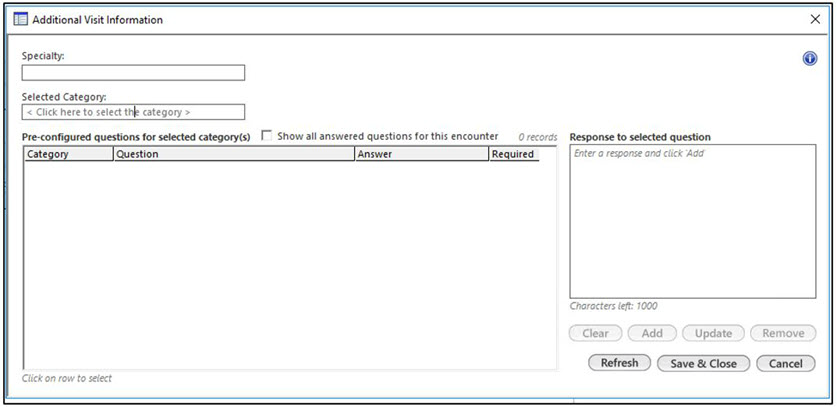 Pre-configured questions on the Additional Visit Information template