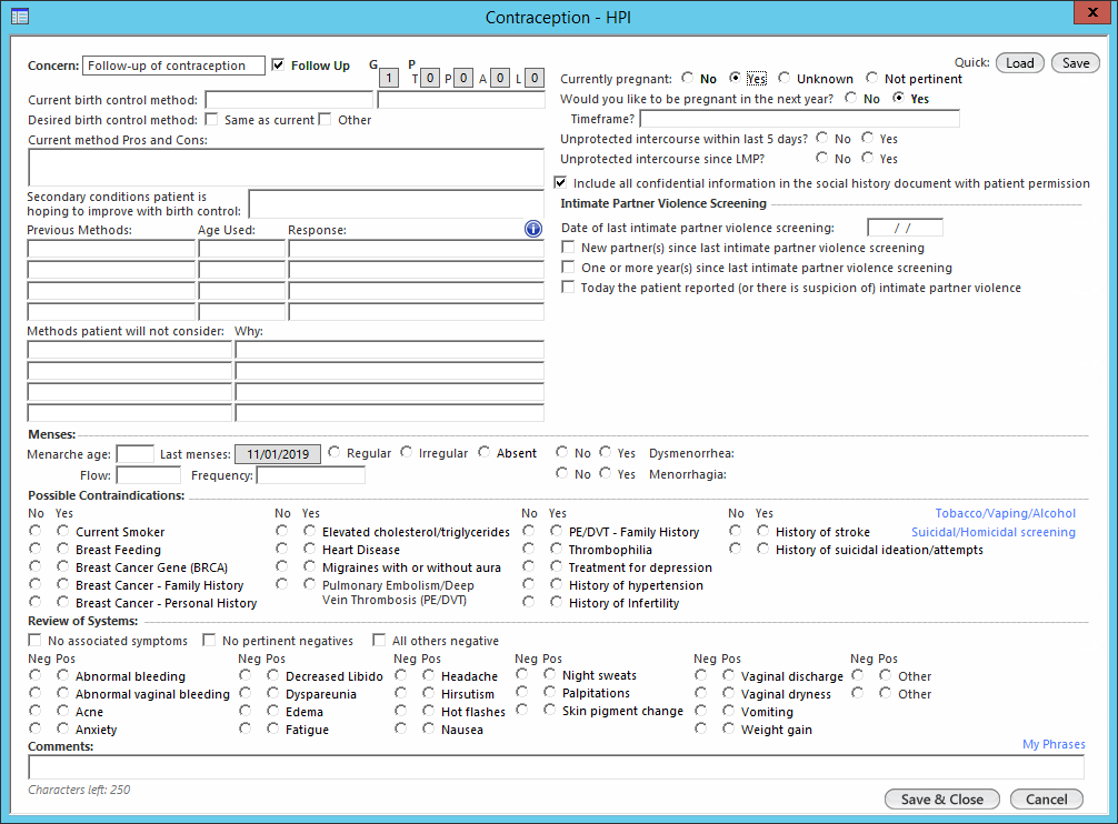 Contraception – HPI template