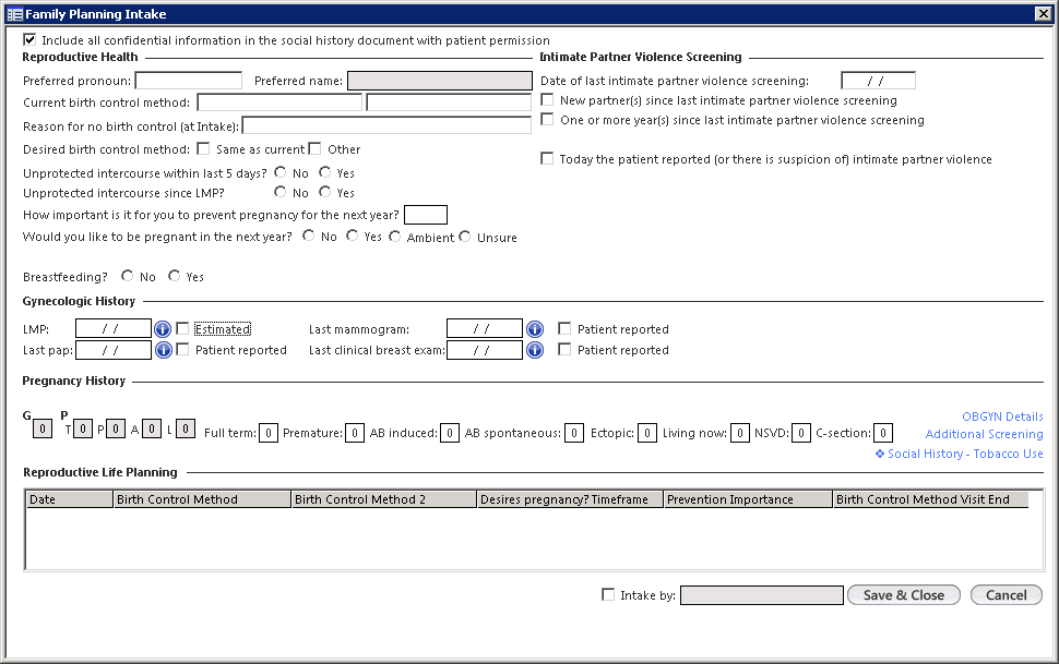 Family Planning Intake template