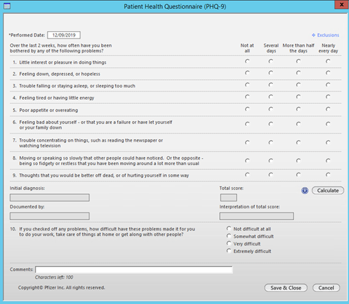 Patient Health Questionnaire (PHQ-9) template