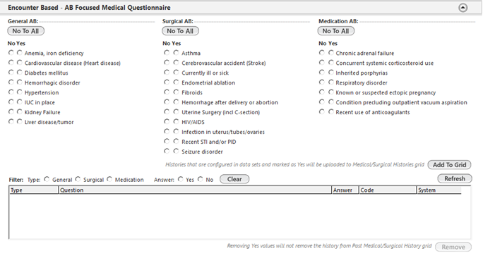 Encounter Based – AB Focused Medical Questionnaire panel