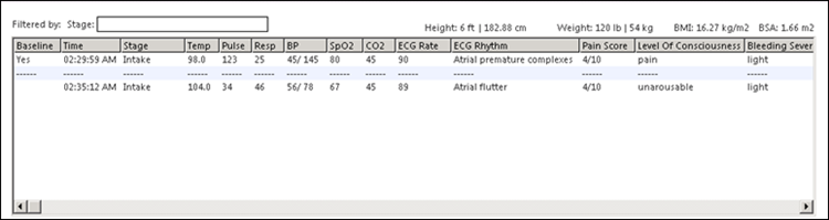 Baseline Vital Signs grid