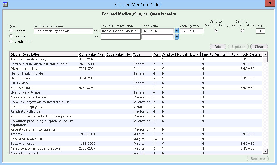 Focused MedSurg Setup window