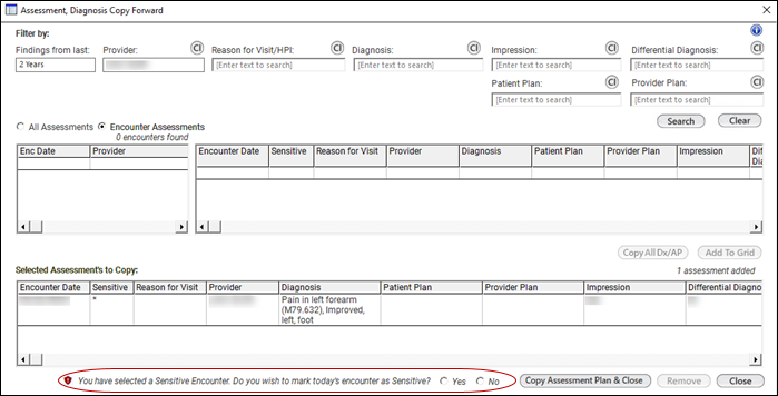 The confirmation message for sensitive encounters on Assessment, Diagnosis Copy Forward