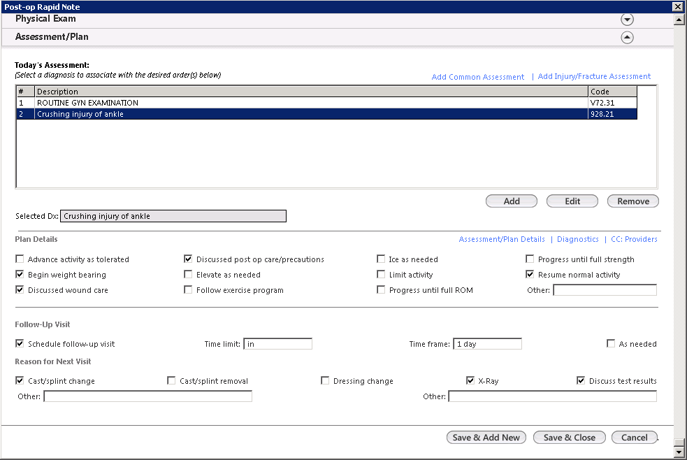 Assessment/Plan panel on the Post-op Rapid Note template