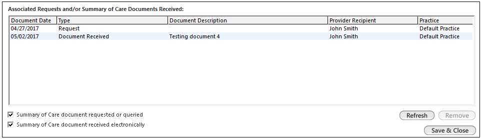 Associated Requests and/or Summary of Care Documents Received