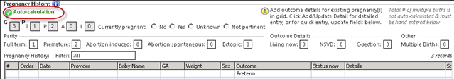 Auto-calculation message on the Pregnancy History grid