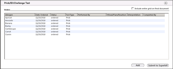 Orders section on the Prick/ID/Challenge Test template
