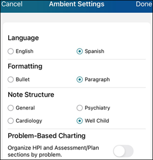 Ambient Settings view