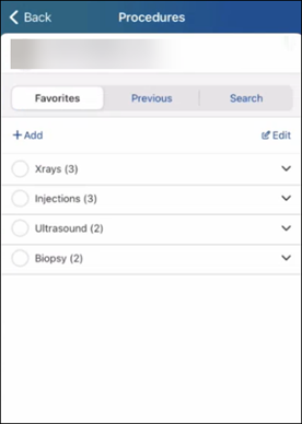 Procedures view displaying the favorite procedure groups