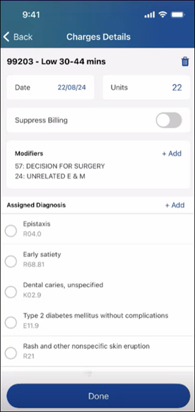 Charge Details view with modifiers and diagnosis details