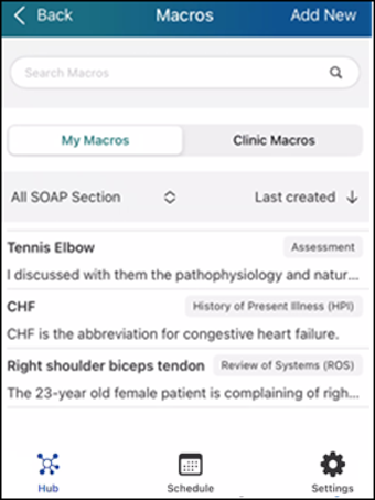 My Macros list in Macros view
