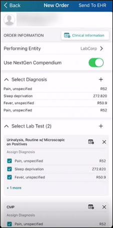 Lab tests and diagnosis selected in the New Order view
