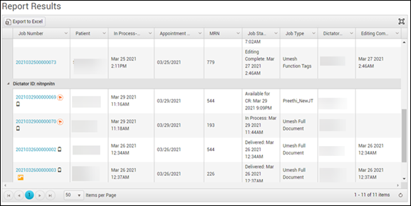 Report Results table