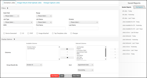 Filters and Display Options view