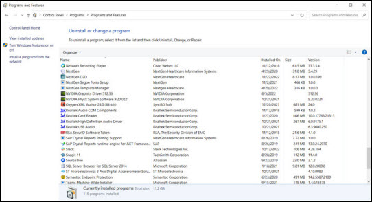 Programs and features window